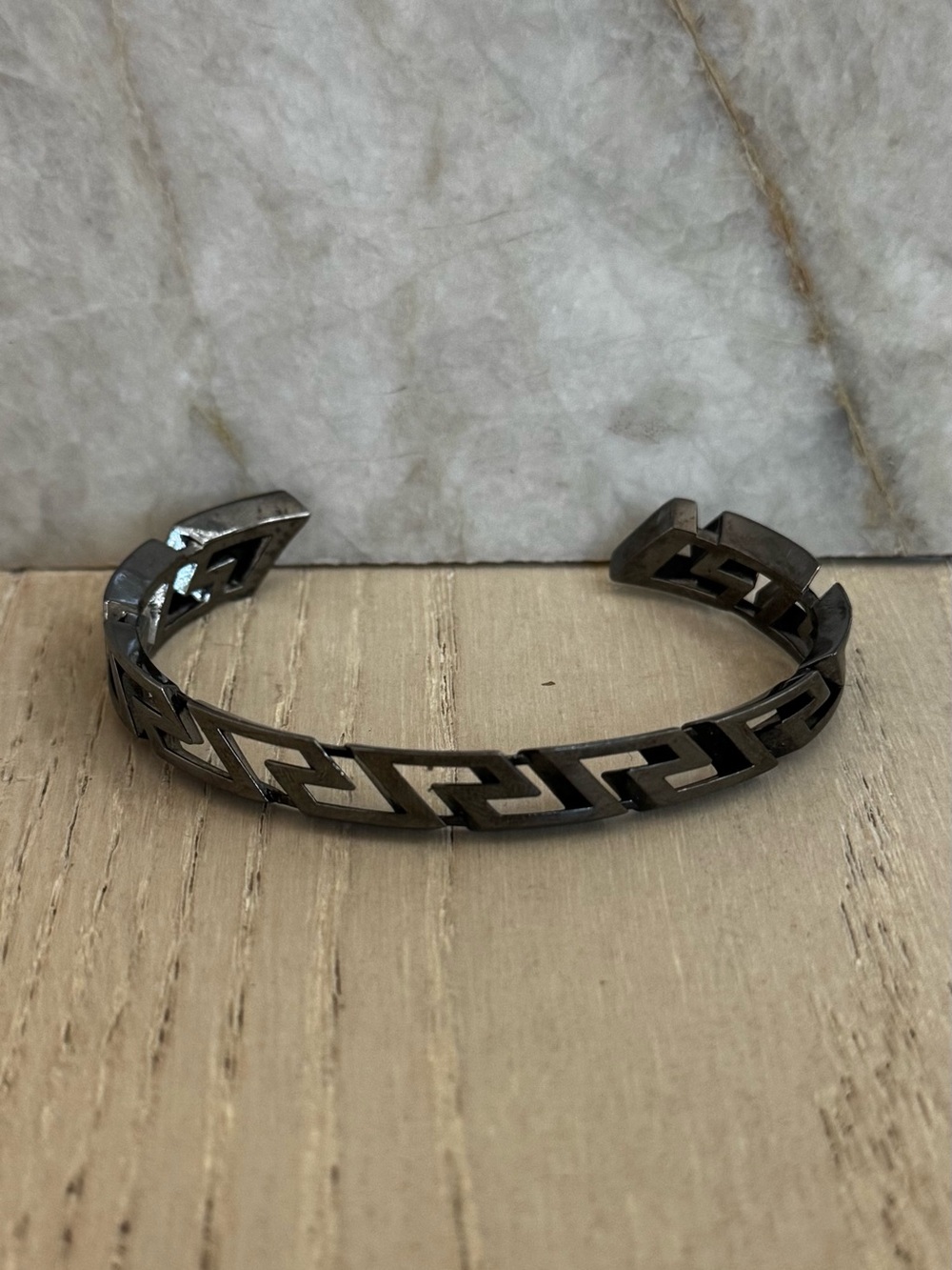 Versace Gunmetal Greek Key Open Cuff Bracelet